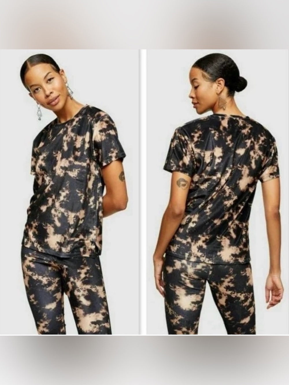 Topshop Black and Beige Velvet Tie-Dye Short Sleeve Tee